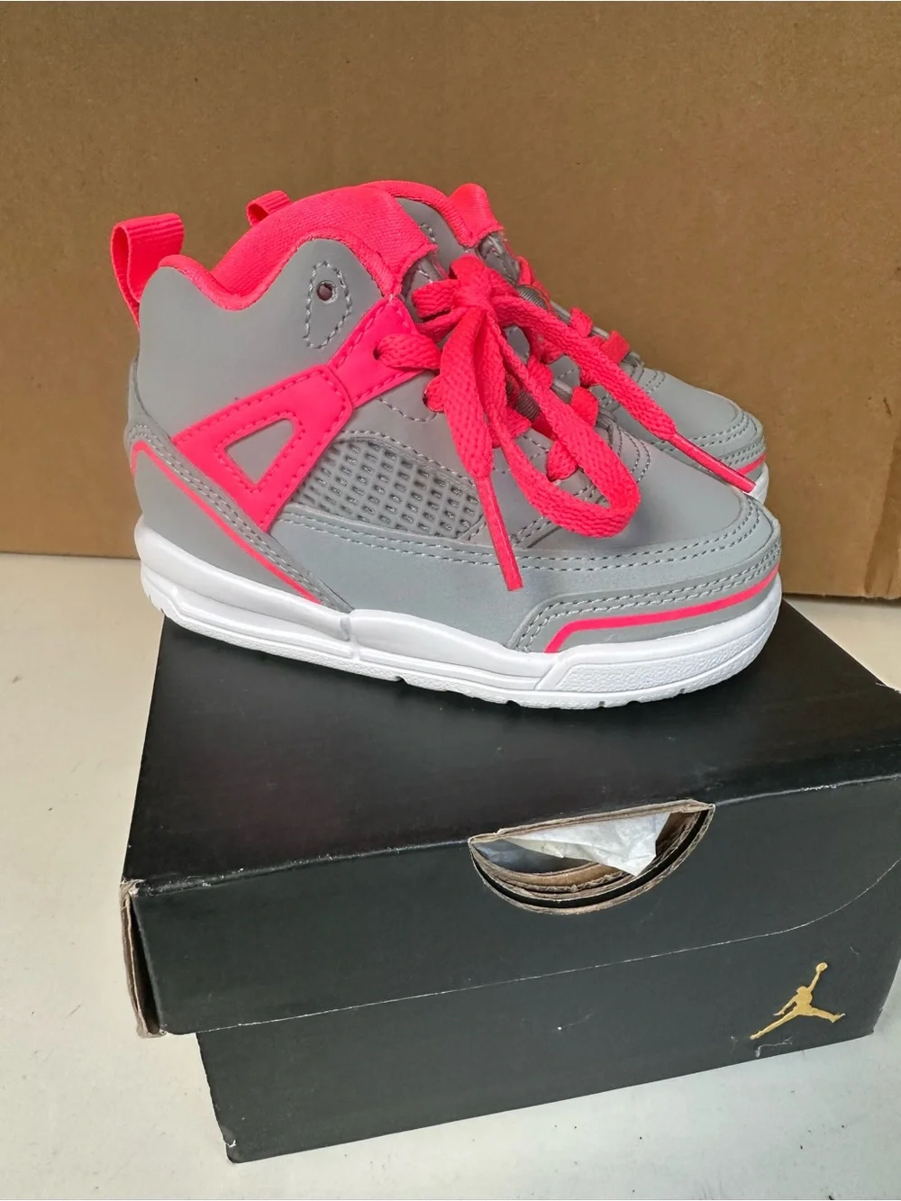Jordan Kids Grey Sneakers with Neon Pink Accents